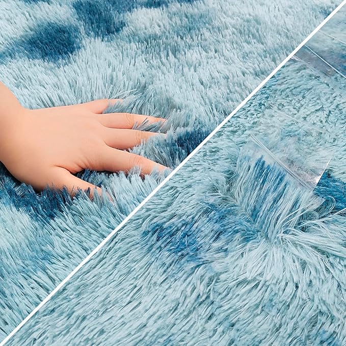 Super Soft Fluffy Living Room Area Rug 2x6 ft Tie-Dyed Light Blue Shaggy Furry Carpet Washable Non-Slip Floor Rugs Bedroom Bedside Nursery Rug Fuzzy Girls Boy Dorm Home Decor Aesthetic