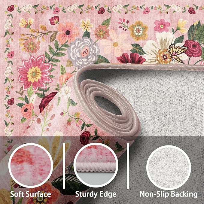 Floral Washable 6x9 Area Rugs Pink, Soft Bedroom Rug for Living Room Ultra-Thin Non Slip Dining Room Rug, Stain Resistant Rugs Easy Clean Throw Carpet for Office(Pink Garden, 6 x 9)