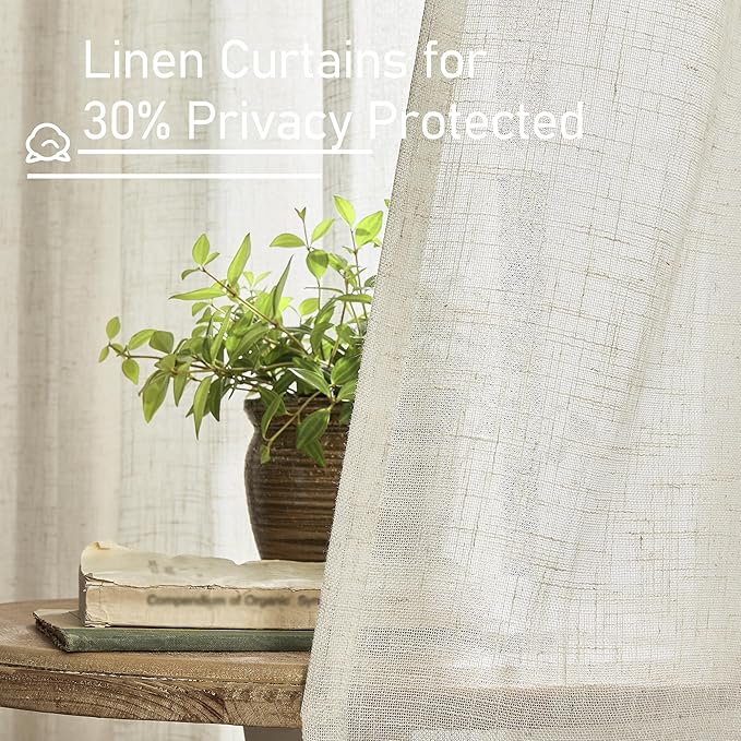 LAMIT Natural Semi Sheer Linen Curtains 60 Inch, Light Filtering Neutral Window Panels Farmhouse Boho Back Tab and Rod Pocket Drapes for Bedroom, Cream Ivory, 2 Panels, 52 x 60 Inch