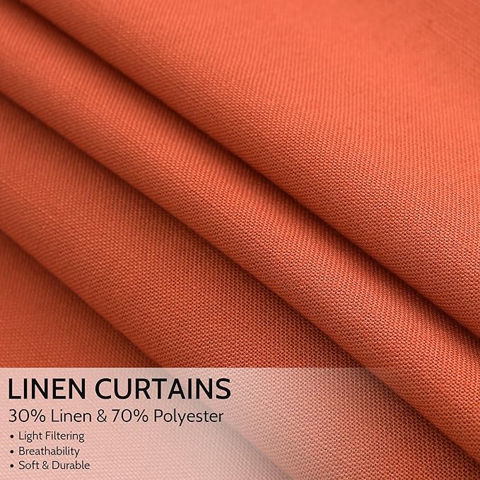 Nanspring Bright Orange Linen Blend Light Filtering Back Tab Curtains 96 Inches Long, Semi Sheer Privacy Drapes for Living Room & Bedroom, 52x96 inch, 2 Panels