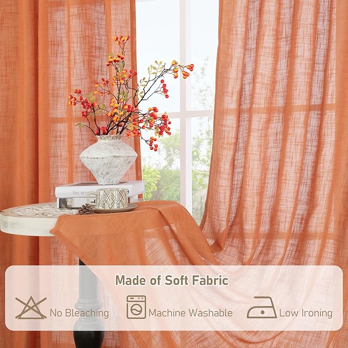 LAMIT Burnt Orange Linen Curtains for Living Room, 84 inch Length Light Filtering Semi Sheer Drapes Back Tab and Rod Pocket Farmhouse Panels for Bedroom, 2 Panels, 34 x 84 Inch