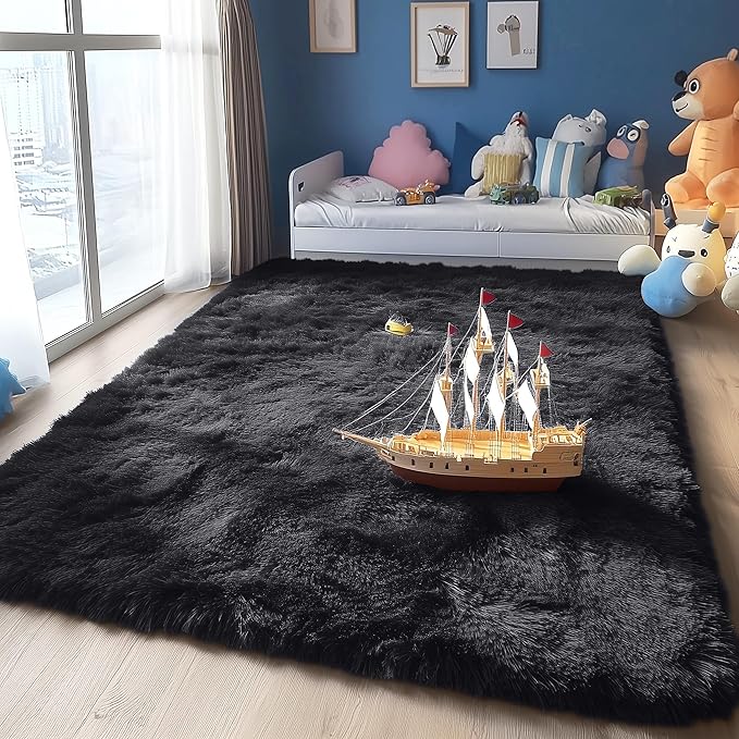 OLANLY 5x5 Area Rugs for Living Room Bedroom, Machine Washable Soft Fluffy Shaggy Bedside Rug, Indoor Floor Carpet for Kids Girls and Boys, Dorms, Nursery Rooms, Home Decor Aesthetic, Black