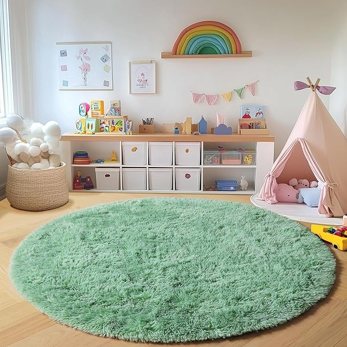 ONASAR Sage Green Round Area Rugs 6ft, Fluffy Soft Bedroom Circle Rug for Kids Girls Boys Teen Room, Cute Furry Plush Shaggy Carpet Floor Mats for Nursery Living Room Playroom Dorm Home Decor