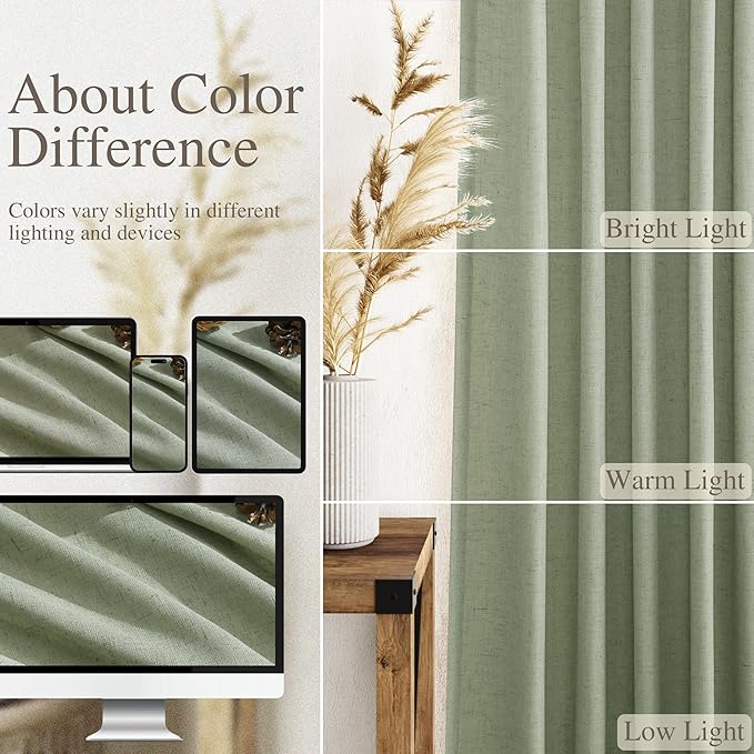 Nanspring Light Sage Linen Curtains 84 Inch Length 2 Panels Set for Living Room Rod Pocket Back Tab Light Filtering Window Drapes for Bedroom Dining Room Protect Privacy Country Farmhouse Decor 52x84