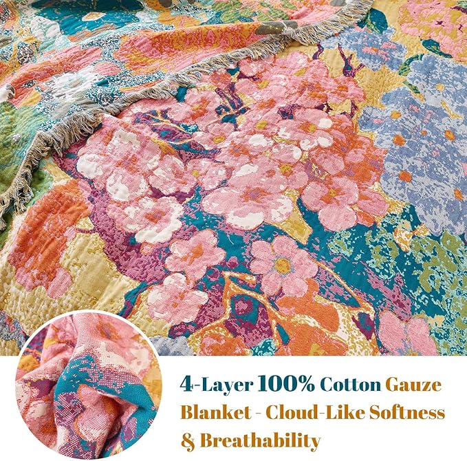 MSGKV Boho Throw Blanket for Couch 50"x60" Cotton Floral Blankets for Sofa Chair Spring Breathable Farmhouse Home Decor All Seasons Lightweight Muslin