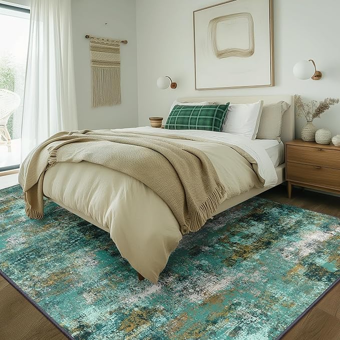 BEIMO Machine Washable Rug 5x7 Area Rugs for Living Room Bedroom, Large Turquoise Abstract Area Rug Soft Throw Rugs, Low-Pile Floor Carpet with Non Slip Rubber Backing