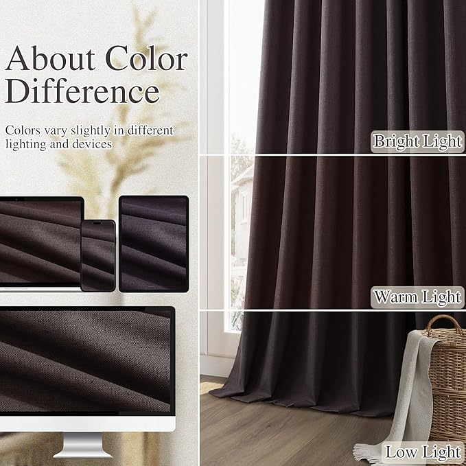 Guken Cocoa Coffee 100% Blackout Linen Curtains 96 Inch Length 2 Panels Set for Living Room Bedroom Back Tab/Rod Pocket Thermal Insulated Farmhouse Black Out Drapes Room Darkening,52x96