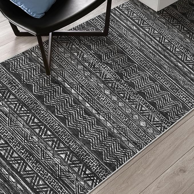 3x10 Washable Hallway Runner Rug - Moroccan Non-Slip Long Runners for Entryway Soft Modern Geometric Low-Pile Rugs for Kitchen Waterproof Neutral Carpet for Bedrooom Bathroom Laundry 3x10 Black