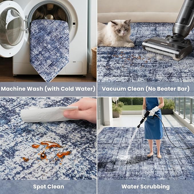 9x12 Area Rugs for Living Room Washable Rug: Anti-Skid Abstract Modern Living Room Rug Soft Thin Carpets Indoor Floor Non-Shedding Carpet for Bedroom Dining Farmhouse Nursery Navy Light Gray
