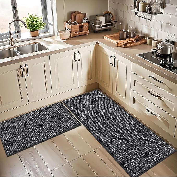 BEQHAUSE Kitchen Rugs and Mats 2PCS, Non-Slip Kitchen Mats for Floor, Absorbent and Stain Resistant Kitchen Runner, Machine Washable Rugs for Kitchen, Laundry & Sink, 20"x32"+20"x48", Charcoal