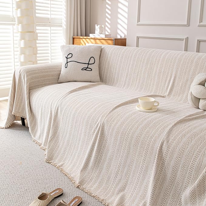Boho Chenille Couch Cover for Dogs, Non Slip Sofa Cover, Couch Slipcover Covers for 3 Cushion, Furniture Protector with Tassels for Pets Washable, 71"x134", Fishbone Beige