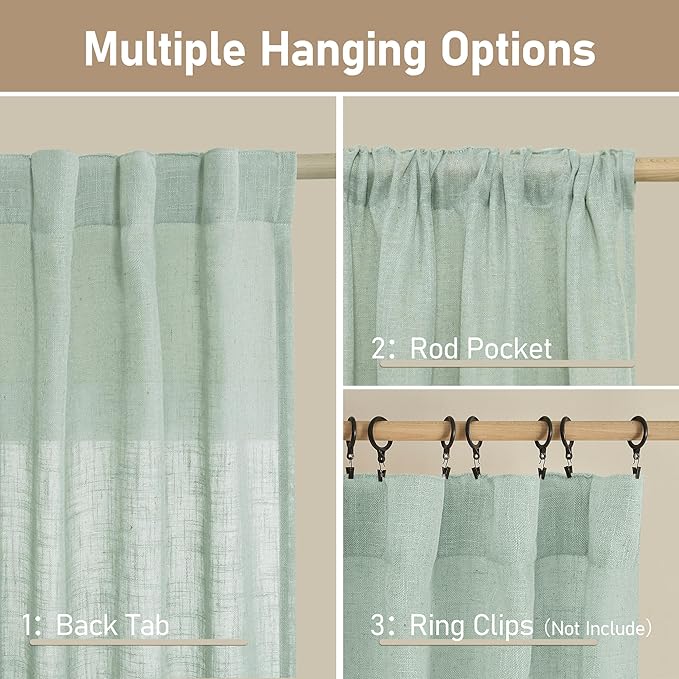 LAMIT Living Room Linen Curtains - 90 Inch, Back Tab & Rod Pocket, Light Filtering, Burlap Textured Sheer Curtains for Farmhouse, 2 Panels, 52 x 90 Inch, Light Sage