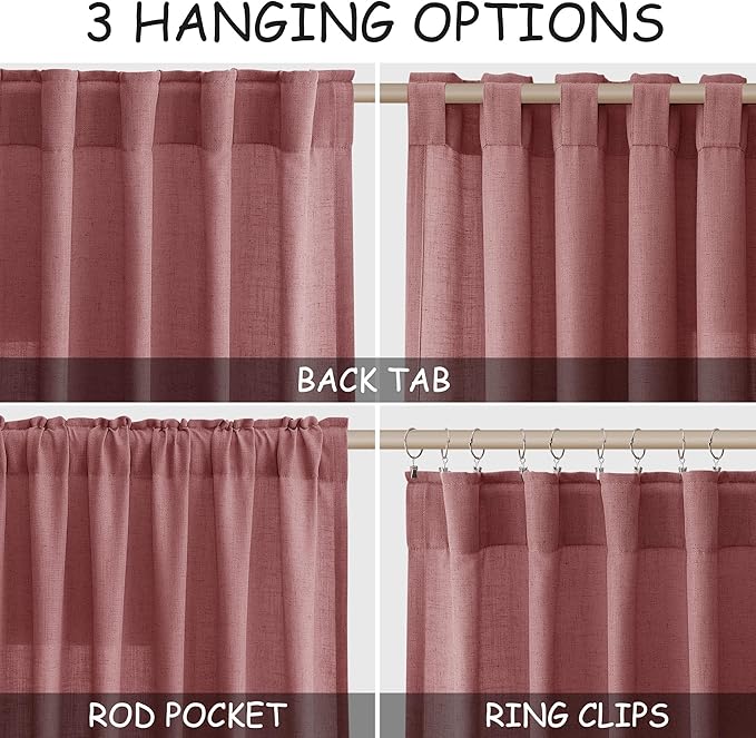 Nanspring Canyon Rose Linen Curtains 96 Inches Long 2 Panels Set for Living Room Rod Pocket Back Tab Semi Sheer Light Filtering Protect Privacy Dusty Rose Curtain for Bedroom Floor Length 52x96