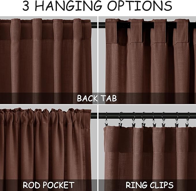 Nanspring Rustic Brown Linen Curtains 108 Inches Long for Living Room Bedroom 2 Panels Set Extra Long Back Tab Curtain Light Filtering Sheer Drapes Floor to Ceiling Curtain for Large Windows 52x108