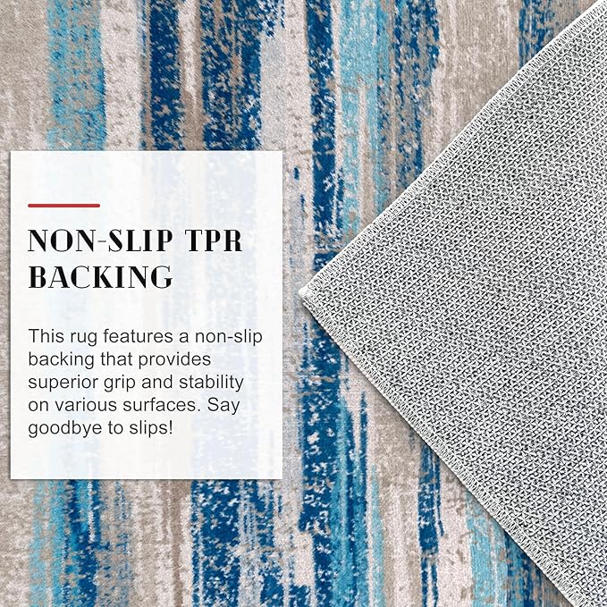 Lansny Modern Abstract Runner Rug 2.6x16, Blue Washable Long Kitchen Runner Non-Slip Soft Hallway Rug Runner Thin Print Faux Wool Carpet for Entryway Bedroom Laundry Room Indoor Home Decor