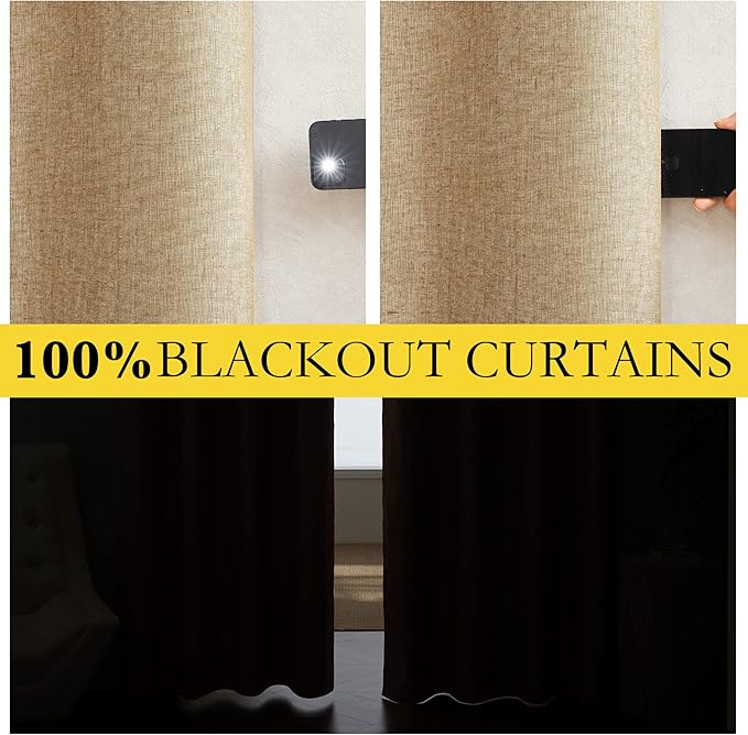 NICETOWN 100% Absolutely Blackout Linen Curtains with Thermal Insulated White Liner, Camel, W34 x L90, 2 Panels, Long Curtains 90 inch Length for Patio Door, Doorway, Office, Overnight Shiftworker