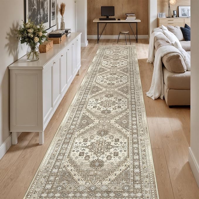 Washable Runner Rug 2.5x16, Non-Slip Long Kitchen Mats for Floor, Vintage Rug for Entryway, Soft Hallway Runner for Dining Room, Bedroom, Living Room(Brown,2.5'x16')