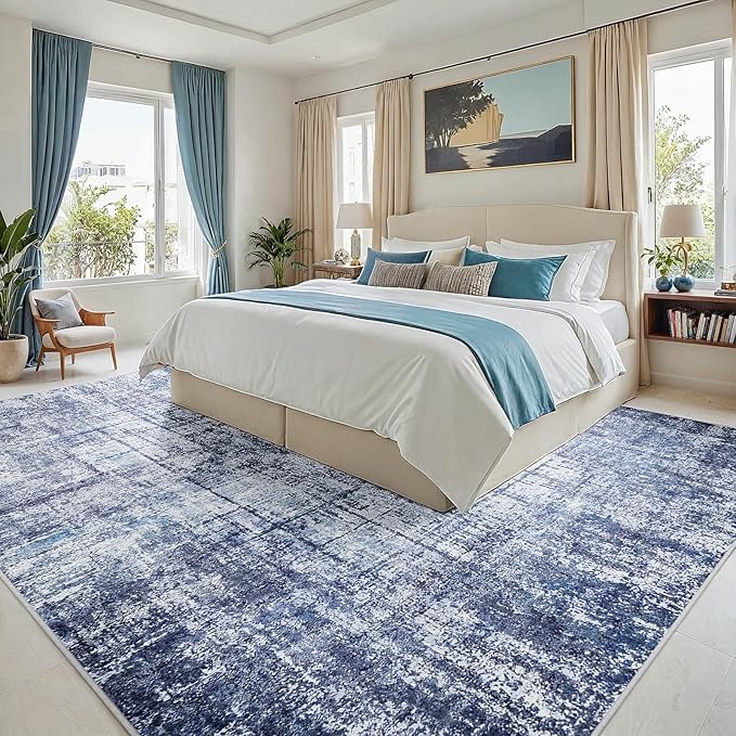 6x9 Area Rugs for Living Room Washable Rug: Anti-Skid Abstract Modern Living Room Rug Soft Thin Carpets Indoor Floor Non-Shedding Carpet for Bedroom Dining Farmhouse Nursery Navy Light Gray