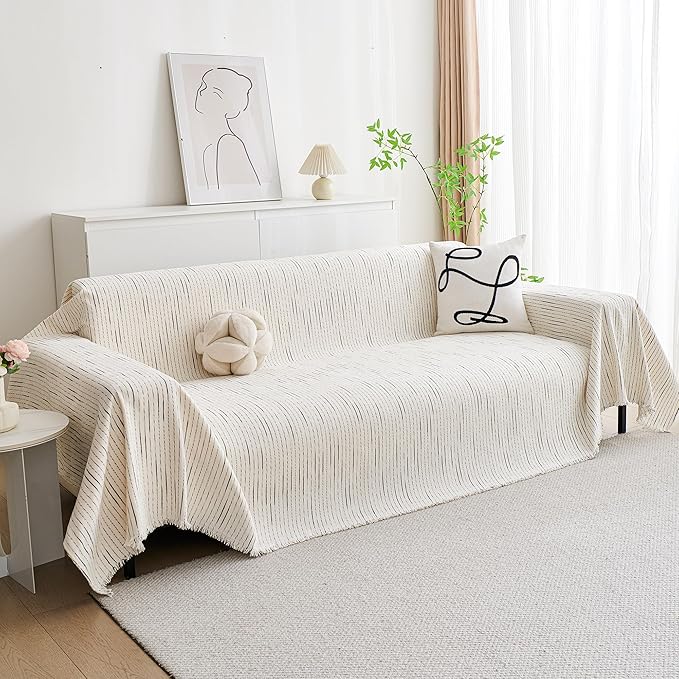 MYSKY HOME Couch Cover for Dogs, Sectional Couch Cover, Beige Lines Sofa Covers for Sectional Sofa L Shape Love Seat Couch Covers for Dogs Pets, Sofa Slipcovers Washable Soft Throw, 71"X102"