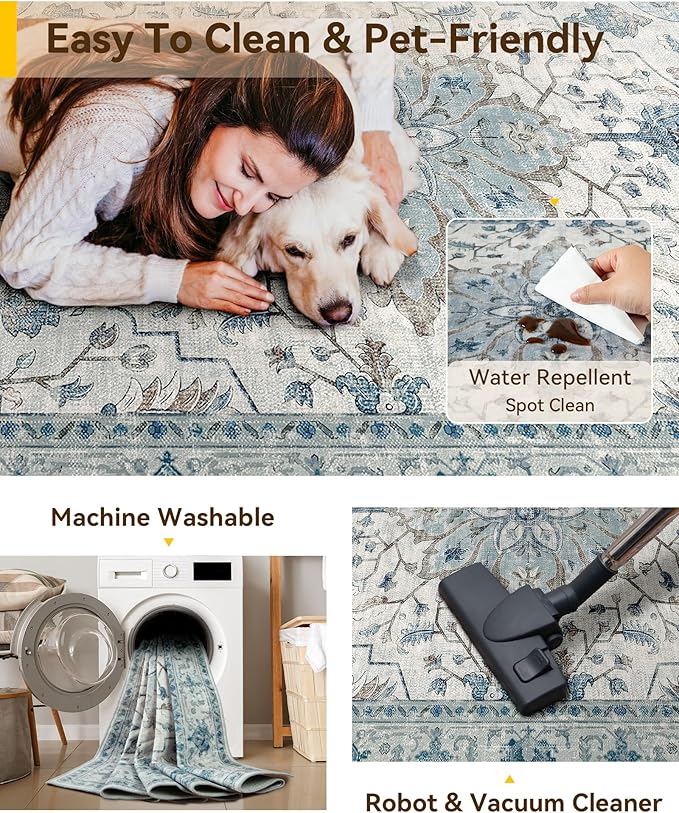 Area Rugs 4'x6' Washable Non-Slip, Floral Vintage Distress Print Pattern Medallion Carpet for Living Room Bedroom Dining Room, Light Blue Navy Beige Gray White
