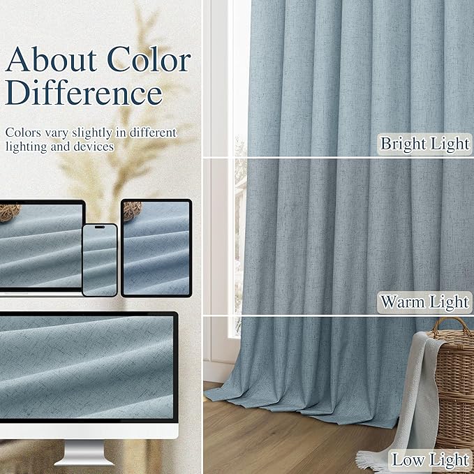 Guken Blue 100% Blackout Linen Curtains 84 Inch Length 2 Panels Set for Living Room Bedroom Back Tab Thermal Insulated Black Out Drapes Room Darkening Window Curtains 84 Inches Long Dusty Blue