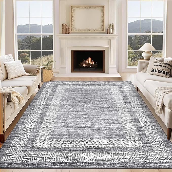 GarveeHome Modern Geometric Area Rug 5x7 Distressed Bordered Rug Washable Non Slip Floor Carpet Non Shedding Thin Rug, Soft Low Pile Rug, Contemporary Gray Rug for Dining Room, Living Room