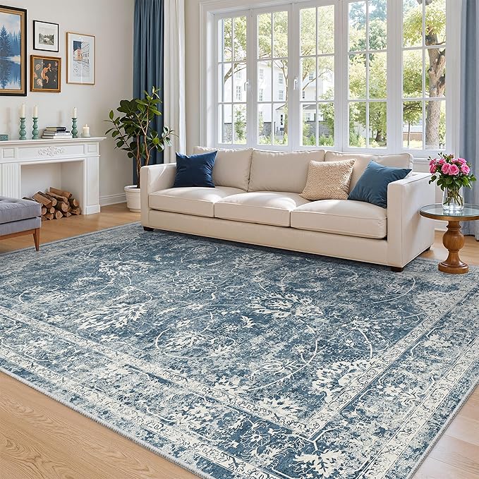 Madane 8x10 Area Rugs for Living Room, Machine Washable Vintage Rug with Non-Slip Backing, Soft Floral Print Large Throw Rugs, Thin Carpet for Bedroom Dining Room Farmhouse (8 x 10, Cadet Blue)