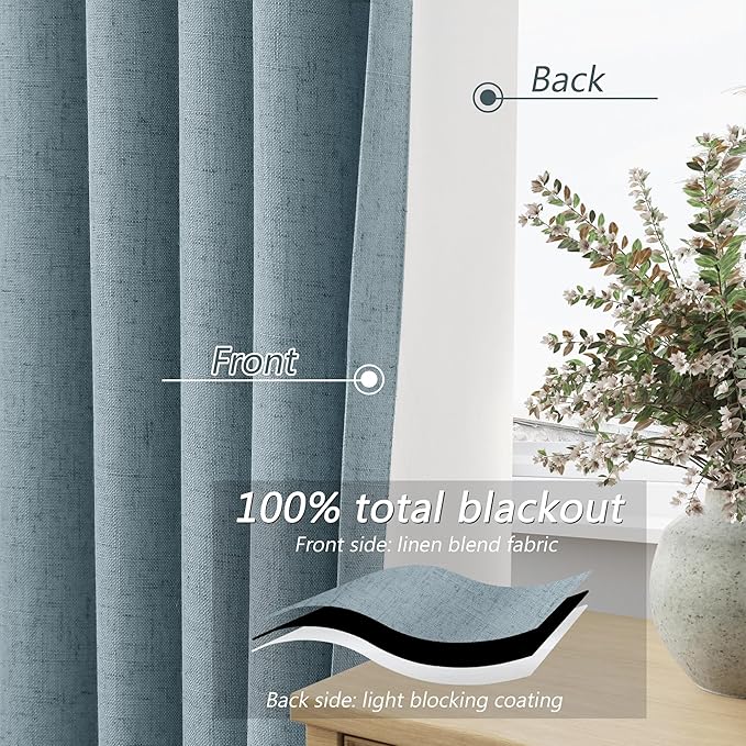 Guken Blue 100% Blackout Linen Curtains 132 Inch Length 2 Panels Set for Living Room Bedroom Back Tab Thermal Insulated Black Out Drapes Room Darkening Farmhouse Window Curtains Dusty Blue 52x132