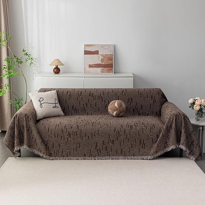 MYSKY HOME Couch Covers for 2 Cushion Couch Sectional Sofa, L Shape Sofa Protector Deep Chocolate Chenille Couch Cover, Sofa Covers Washable Blanket with Tassel Pet Couch Cushion Cover, 71"X102"