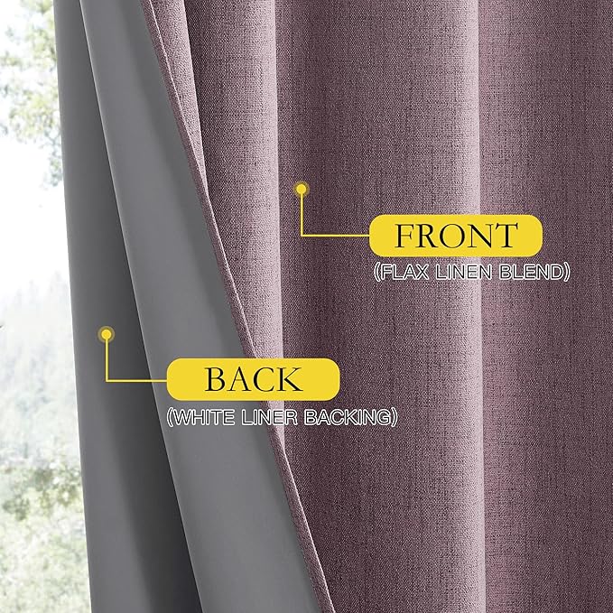 NICETOWN Chaise Mauve Vintage Linen 100% Blackout Curtains for Living Room, Thermal Insulated Curtains 72" Long, Noise Reducing Window Treatment Drapes for Hall Room, 52" Wide Per Panel, Set of 2