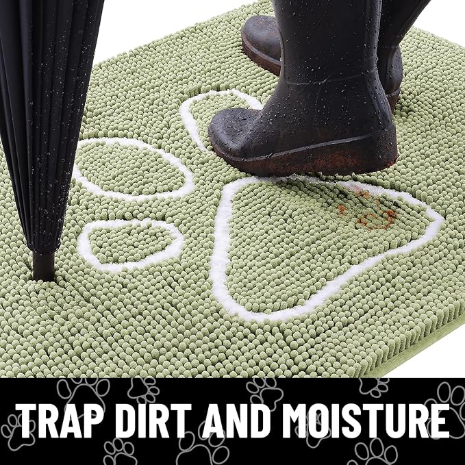 Smiry Dog Door Mat for Muddy Paws, Absorbent Dirt Trapper Non Slip Quick Dry Washable Chenille Mat for Mud Dogs, Entry Rug for Indoor and Outdoor (30x20 Inches, Sage Green and White)