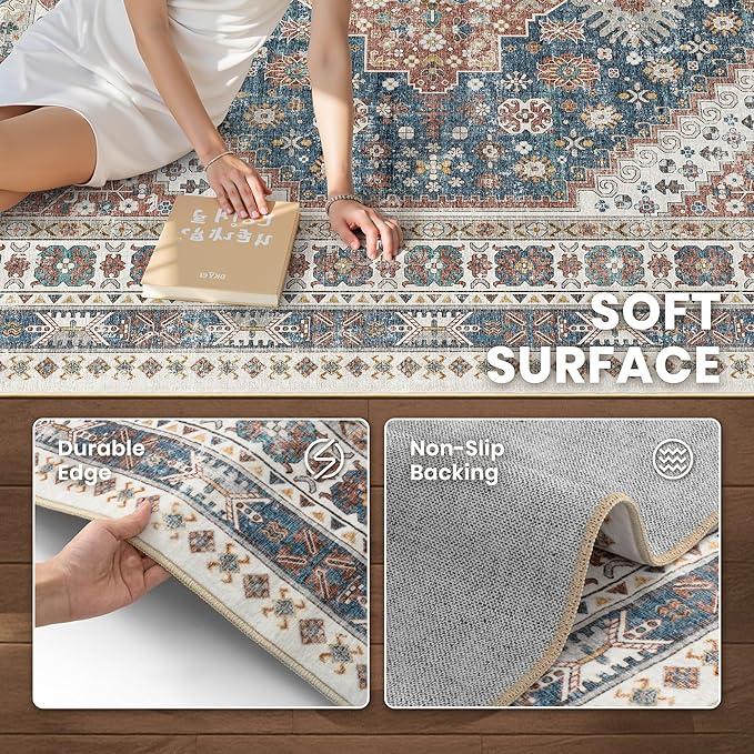 zesthome 6x9 Area Rug, Super Soft Washable Rugs for Living Room, Non-Slip Stain Resistant Vintage Rugs, Ultra-Thin Large Area Rugs (Navy Blue/Red,6'x9')