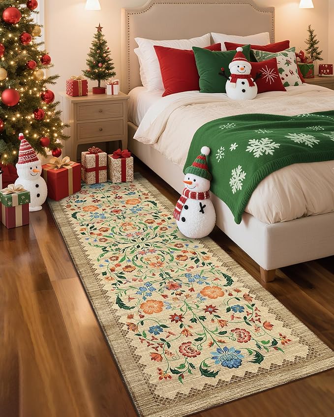 GarveeHome Floral Rug 2x6 Runners for Hallways, Boho Kitchen Runner Rugs Non Slip Bath Runners, Vintage Washable Runner Rug for Bedroom, Soft Long Rugs for Entryway Bathroom Laundry Dorm, Beige