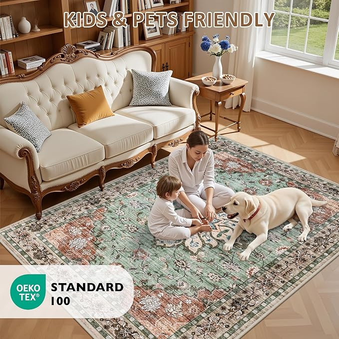 8x10 Area Rugs for Living Room: Washable Rug Soft Vintage Distressed Floral Carpet Indoor Floor Non-Slip Stain Resistant Large Carpets for Bedroom Dining Room Farmhouse Nursery Home Office Brown Green