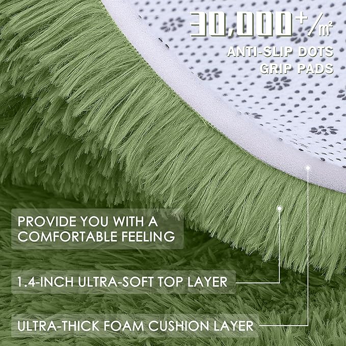 OLANLY 3x5 Machine Washable Small Bedside Rug, Soft Fluffy Shaggy Rugs for Living Room, Bedroom, Indoor Floor Carpet for Kids Girls and Boys, Preppy Dorms, Nursery, Home Decor Aesthetic, Green