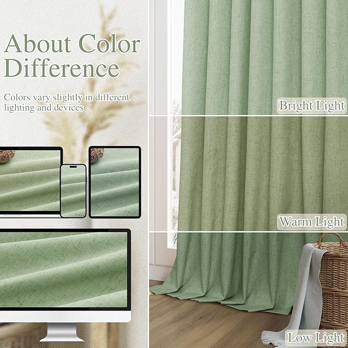 Guken 100% Blackout Linen Curtains 102 Inch Length 2 Panels Set for Living Room Bedroom Back Tab Thermal Insulated Black Out Linen Drapes Room Darkening Window Curtains,Light Sage