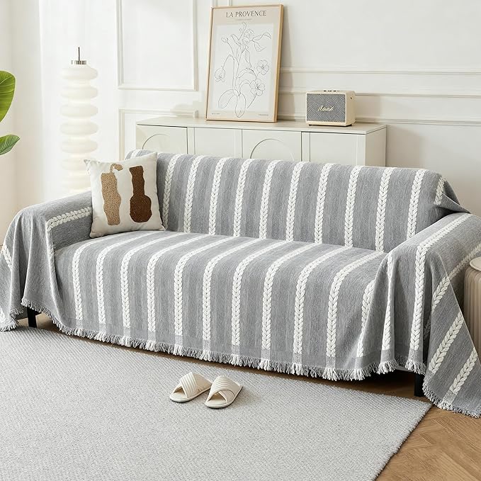 Couch Cover for Dogs, Boho Sofa Covers for 3 Cushion Couch, Chenille Sofa Slipcover for Pets Washable, L-Shape Sectional Loveseat Cover Soft Throw Blankets with Tassels(71x134,Striped Grey)