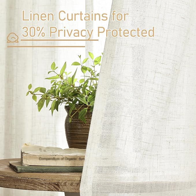 LAMIT 120 inch Semi Sheer Linen Curtains for Living Room, Cream Back Tab and Rod Pocket Curtains Light Filtering Country Rustic Neutral Drapes for Bedroom/Farmhouse, 2 Panels, 52 x 120 Inch
