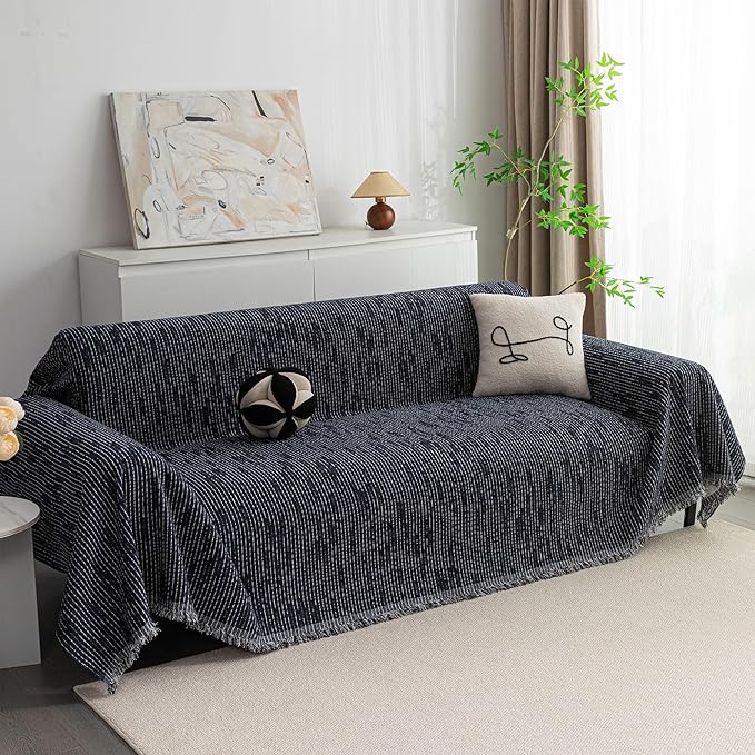 MYSKY HOME Couch Covers for 2 Cushion Couch Sofa, Chenille L Shape Sectional Couch Cover - Pet-Friendly, Machine Washable, Non-Slip Sofa Protector for Dogs, Kids, 71"x118", Navy
