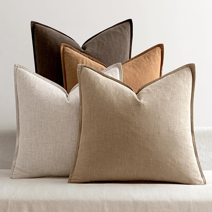 MIULEE Neutral Brown Linen Pillow Covers Pack of 4 Decorative Natural Fall Throw Pillow Covers Soft Accent Boho Farmhouse Couch Pillowcases Modern Spring Decor for Living Room Bed Sofa 24x24 Inch