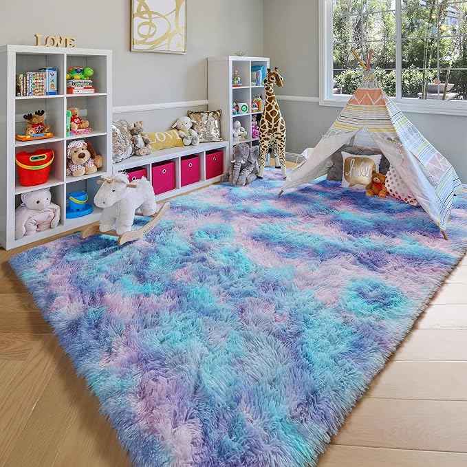 ONASAR Rainbow Rugs for Girls Bedroom, 5x8 Fluffy Bedside Throw Area Rug, Soft Plush Shaggy Indoor Floor Carpet for Living Room Nursery Kids Boys Teen Dorm Home Office Decor Aesthetic