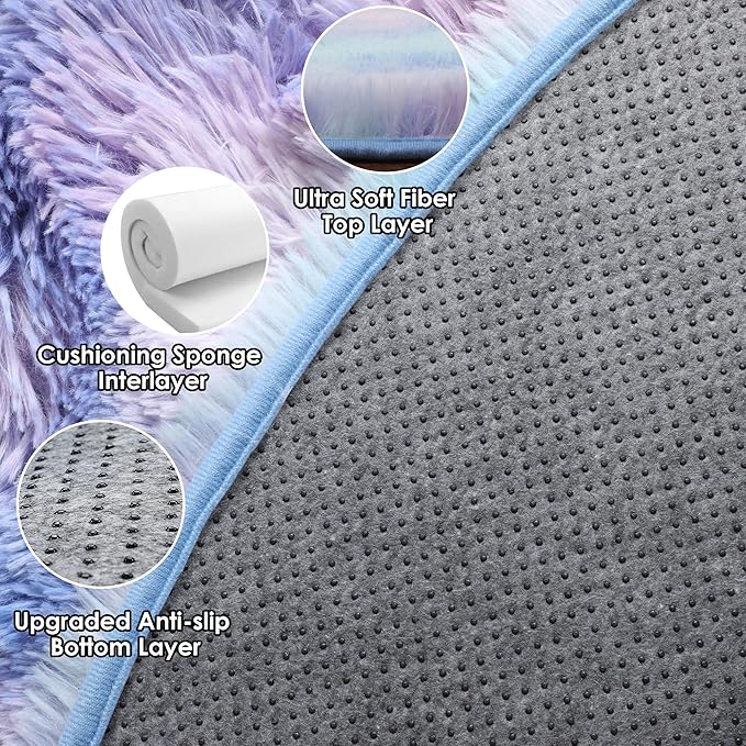 ONASAR Rainbow Round Area Rug 4ft, Soft Bedroom Circle Throw Rugs for Kids Girls Boys Teen Dorm Room, Fluffy Plush Shaggy Carpet Mats for Nursery Living Room Playroom Home Decor Princess Castle