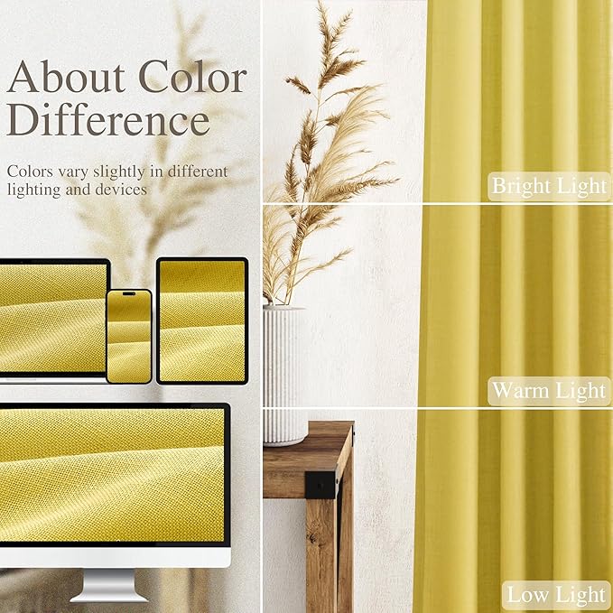 Celery Yellow Linen Curtains 102 Inches Long 2 Panel Set Back Tab Rod Pocket Semi Sheer High Window Drapes Light Filtering Burlap Look for Neutral Farmhouse Decor Curtain in Living Room 52x102