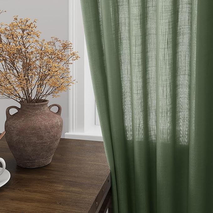 Extra Long Curtain 108 Inches Long 2 Panels Set Back Tab Olive Green Linen Drapes for Living Room Neutral Farmhouse Light Filtering Semi Sheer Linen Curtains 108 Inch Length for Large Window 9 FT