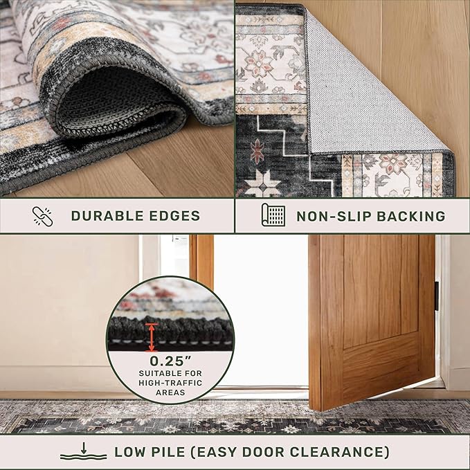 Black Modern Farmhouse 5x8 Area Rug for Living Room, Boho Large Entryway Rug, Dark Floor Carpet for Kitchen Under Small Dining Table, Bedroom - Washable Low Pile Waterproof Non Slip & Stain Resistance
