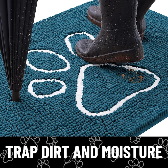 Smiry Dog Door Mat for Muddy Paws, Absorbent Dirt Trapper Non Slip Quick Dry Washable Chenille Mat for Mud Dogs, Entry Rug for Indoor and Outdoor (36x24 Inches, Atlantic Blue and White)