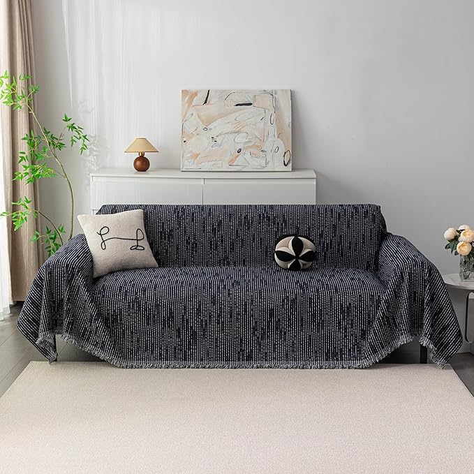 MYSKY HOME Couch Covers for 2 Cushion Couch Sectional Sofa, L Shape Sofa Protector Navy Chenille Couch Cover, Sofa Covers Washable Blanket with Tassel Pet Couch Cushion Cover, 71"X102"