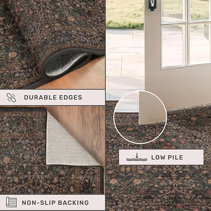 Hazo Haus Taupe Brown 5x8 Rug for Living Room - Vintage Traditional Dark Neutral Floral, Washable Foldable Non-Slip Area Rugs for Dining Under Table, Home Office, Guest Room