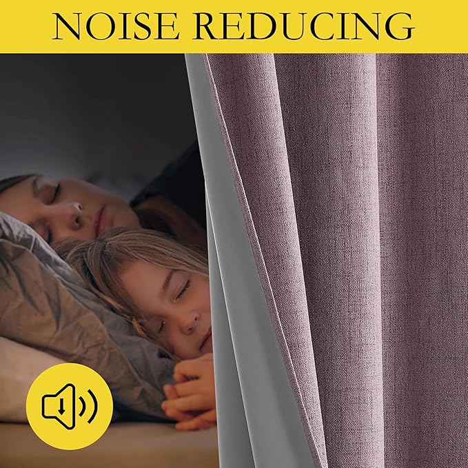 NICETOWN Chaise Mauve Vintage Linen 100% Blackout Curtains for Living Room, Thermal Insulated Curtains 120" Long, Noise Reducing Window Treatment Drapes for Hall Room, 52" Wide Per Panel, Set of 2