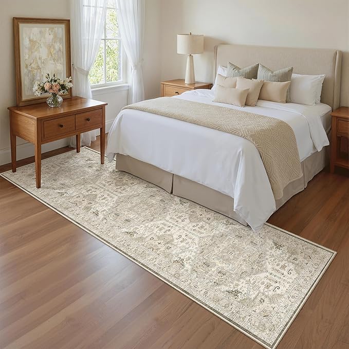 Madane Washable Runner Rug - 2x8 Runners for Hallways Kitchen Non-Slip Runner Rugs Ultra-Thin Laundry Room Rug Throw Carpet Runner for Entrance Living Dinning Room Foyer (Ivory/Brown, 2 x 8)
